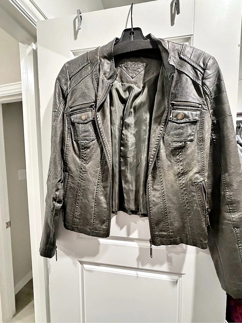 JOU JOU Faux Leather Moto Jacket Olive/Gray ish
